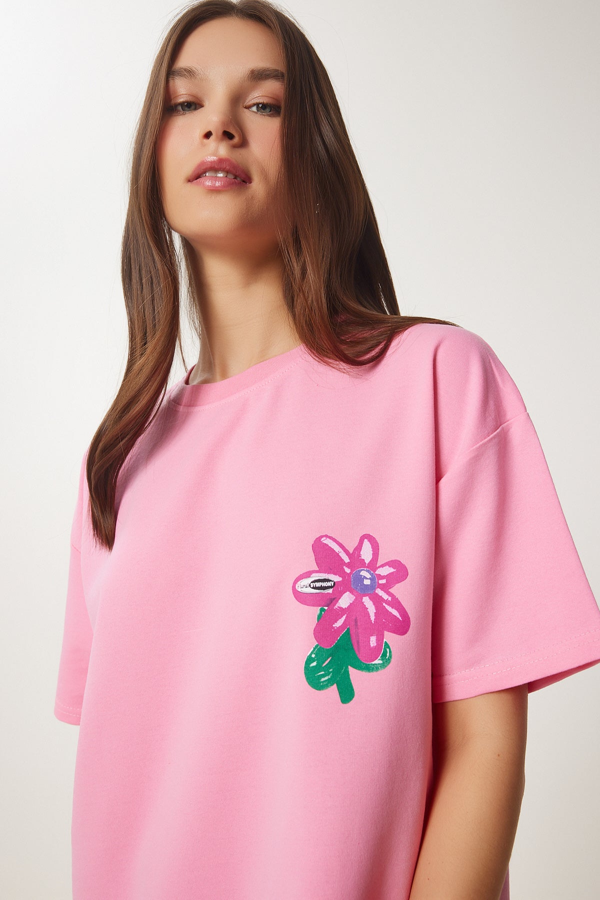 Pembe Çiçek Baskılı Oversize Örme T-Shirt ZV00282