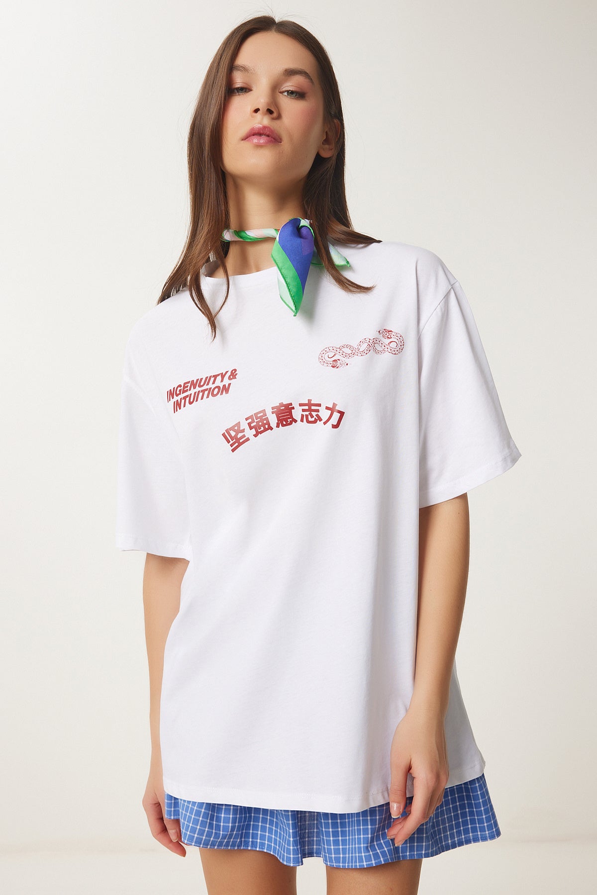 Beyaz Oversize Baskılı Pamuklu Örme T-Shirt UB00371