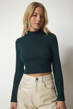 Zümrüt Yeşili Dik Yaka Fitilli Kaşkorse Crop Bluz ub00165