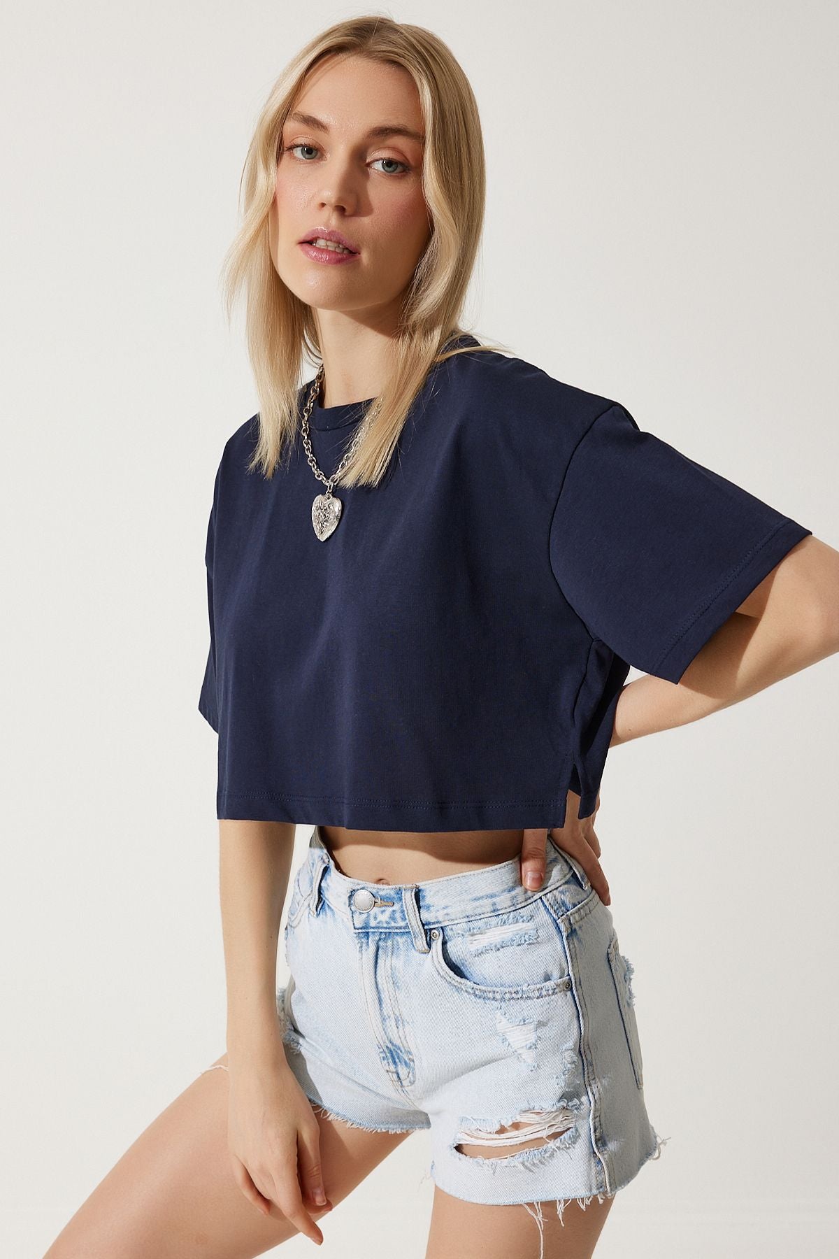 Lacivert %100 Pamuk Oversize Crop Örme T-Shirt BP00164