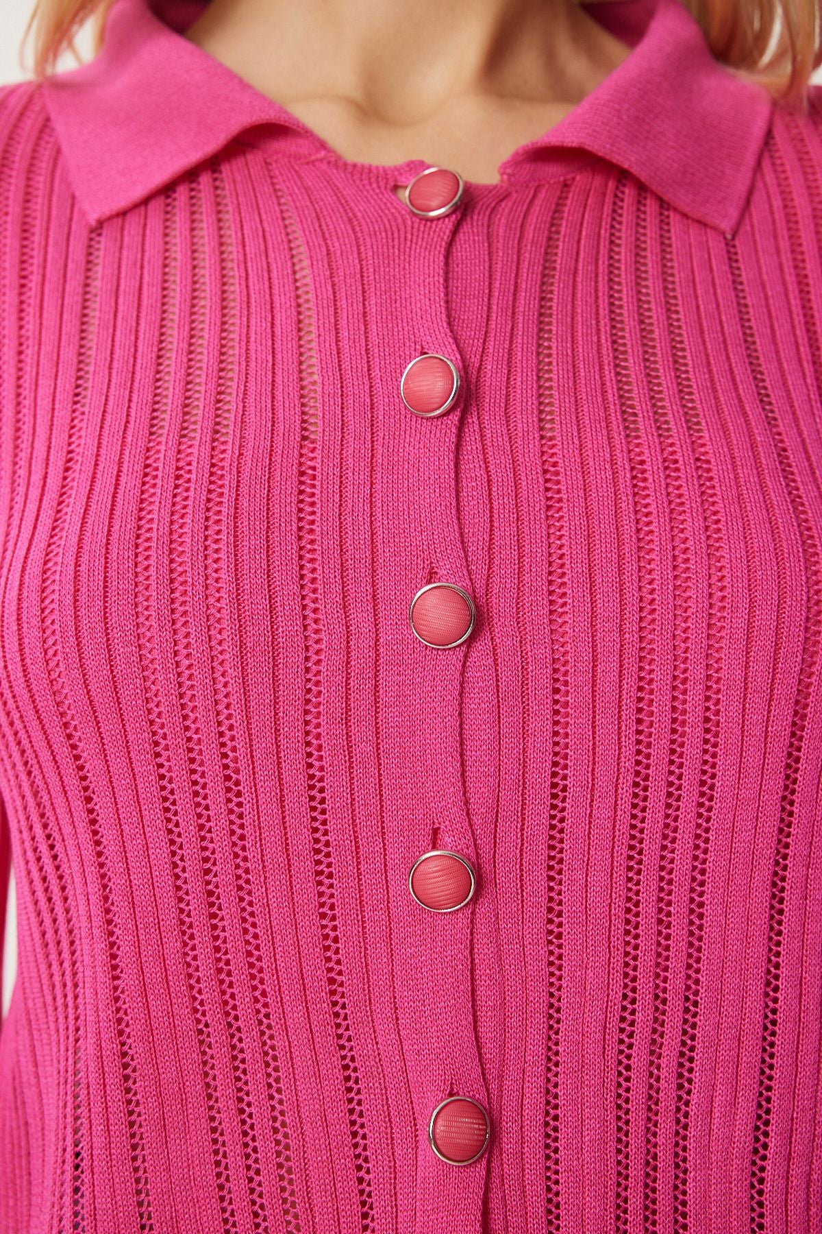 Pembe Hafif Transparan Polo Yaka Yazlık Triko Hırka MT00151