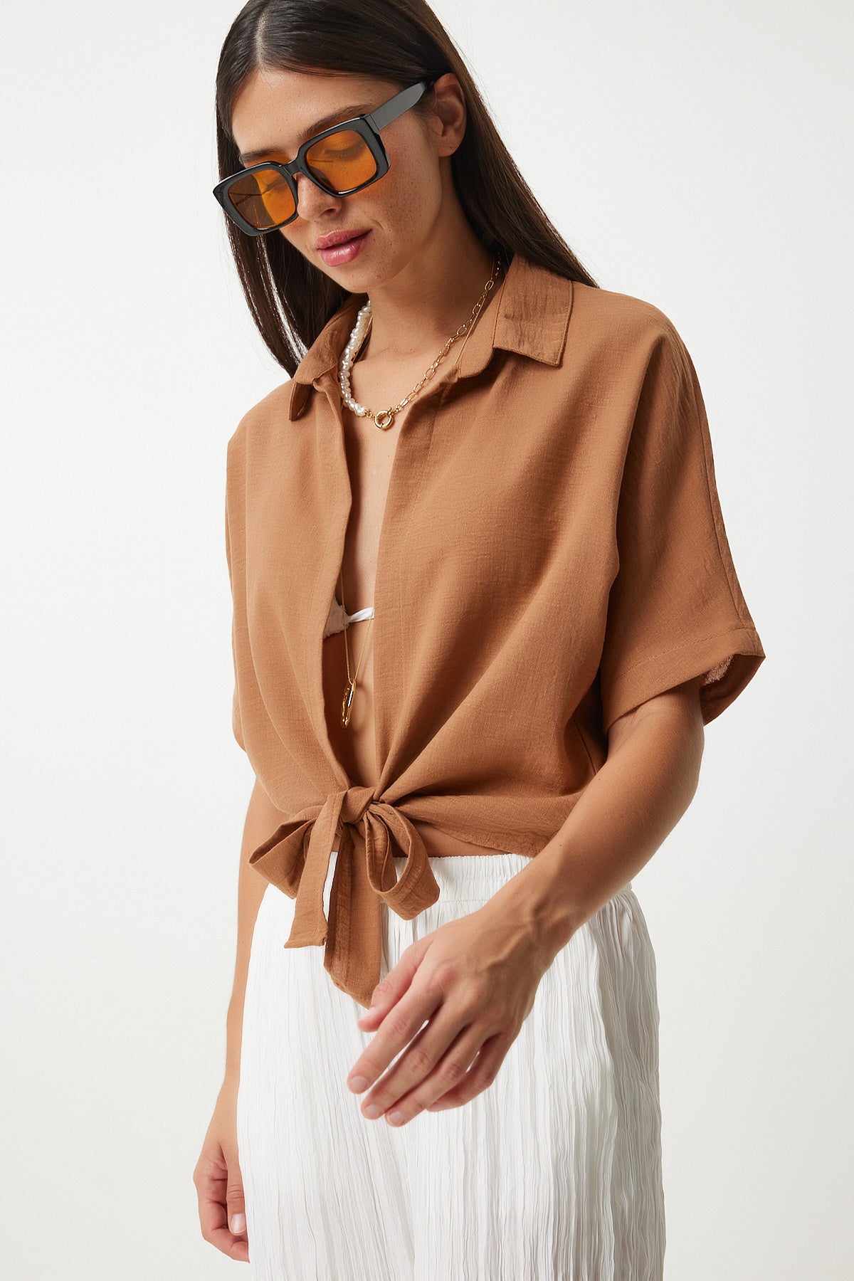 Camel Bağlama Detaylı Keten Bluz MX00151