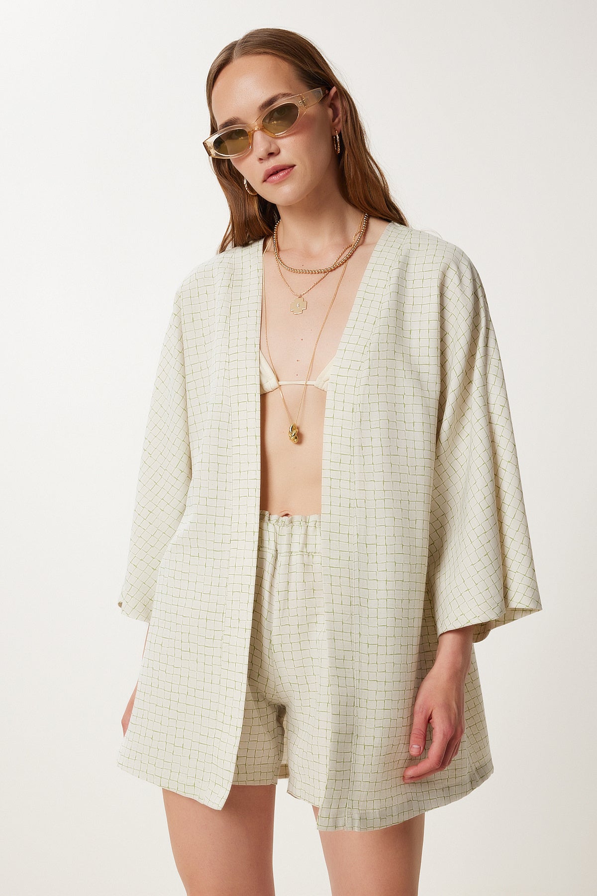 Taş Desenli Keten Kimono Şort Takım WF00153