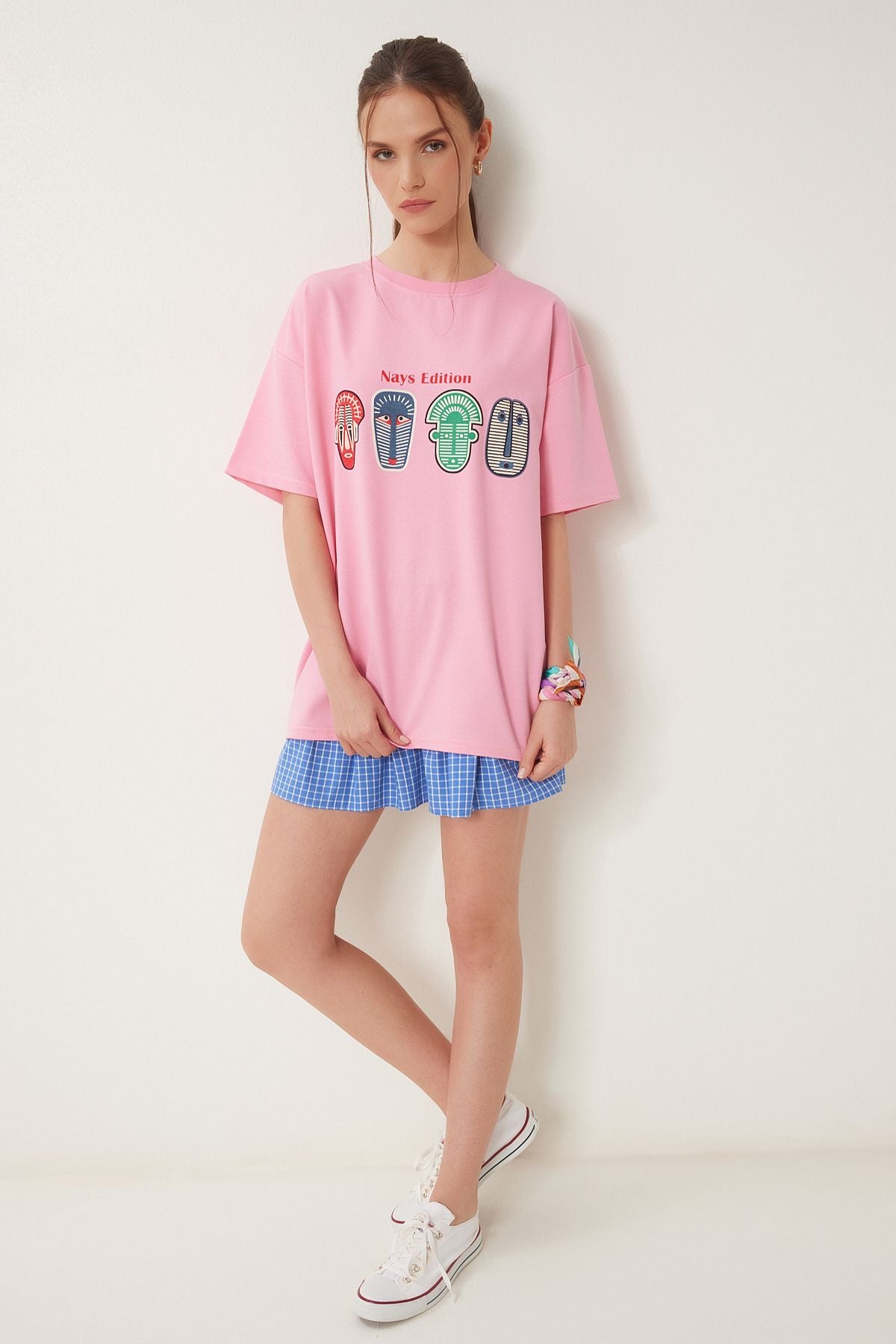 Pembe Oversize Baskılı Örme T-Shirt ZV00279