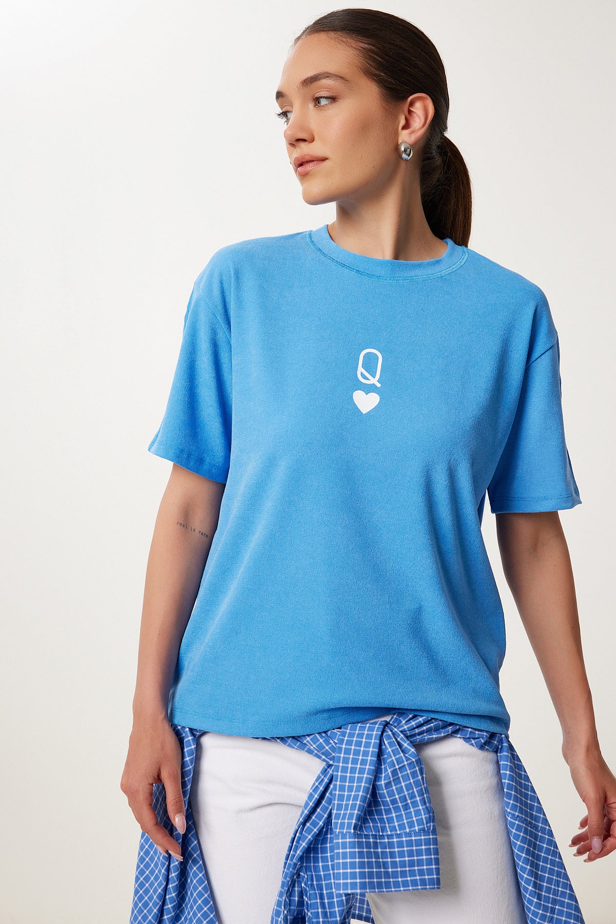 Gök Mavi Baskılı Oversize Örme T-Shirt AN00245