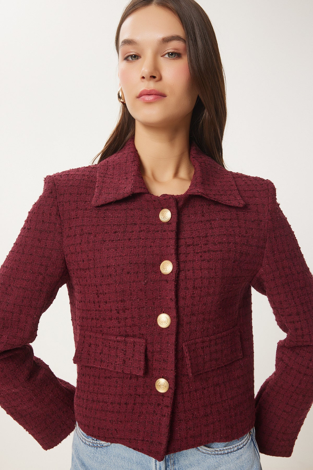 Bordo Tüvit Crop Ceket TO00039