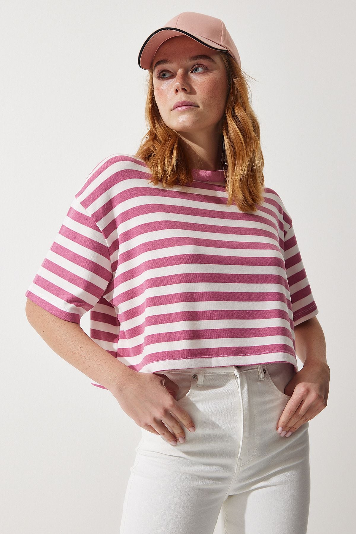 Gül Kurusu Bisiklet Yaka Çizgili Crop Örme T-Shirt CR00427