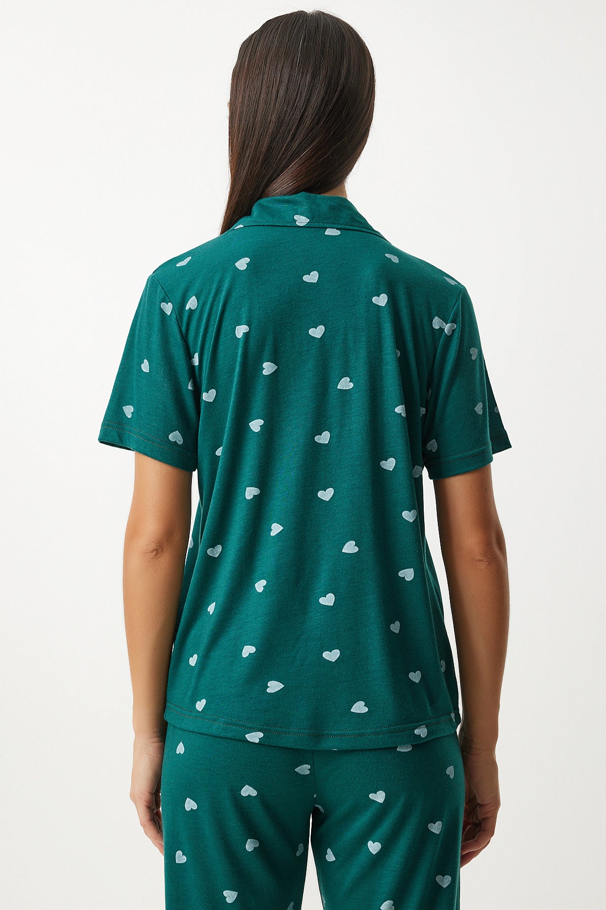 Koyu Yeşil Kalpli Gömlek Pantolon Pijama Takımı EC00036