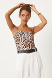 Siyah Bej Leopar Desenli İp Askılı Crop Örme Bluz AN00207