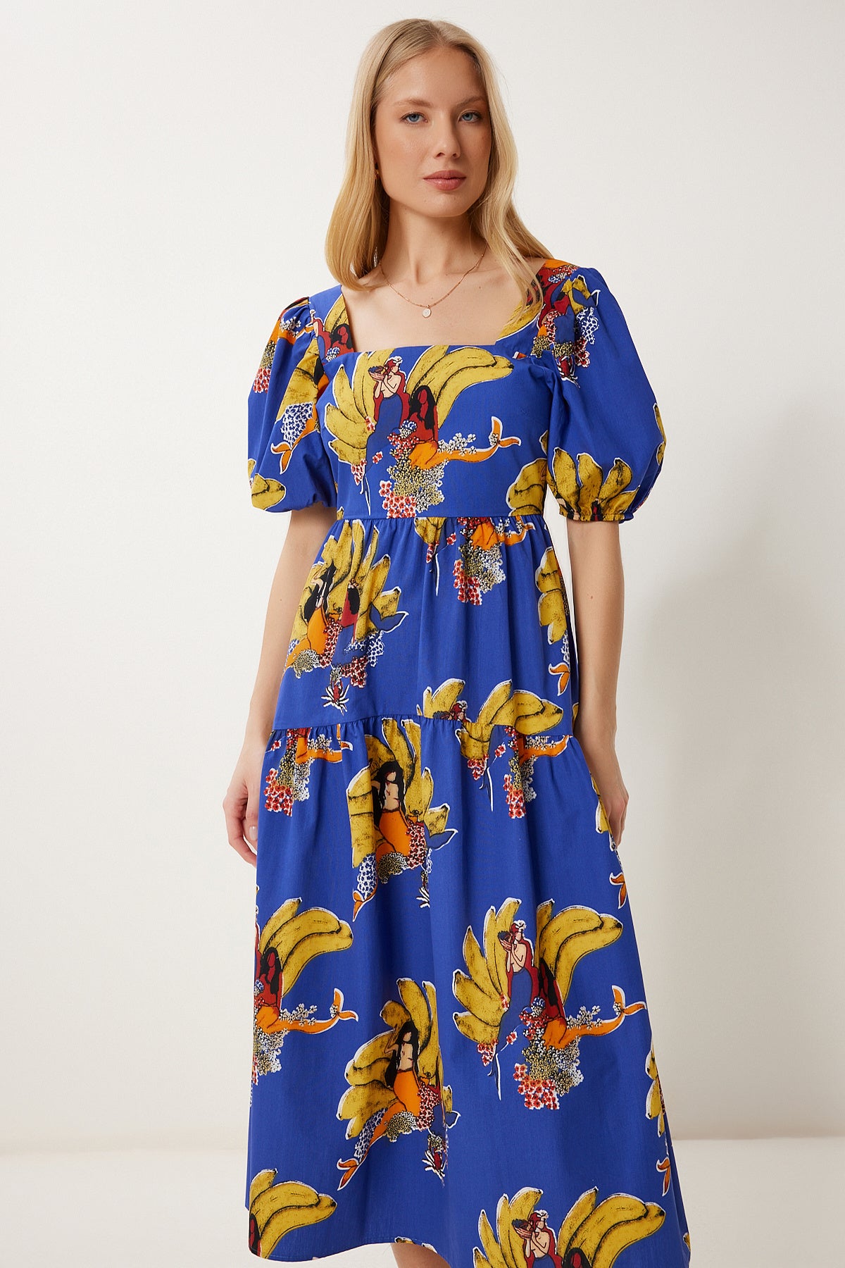 Mor Sarı Desenli Yazlık Midi Poplin Elbise FK00017