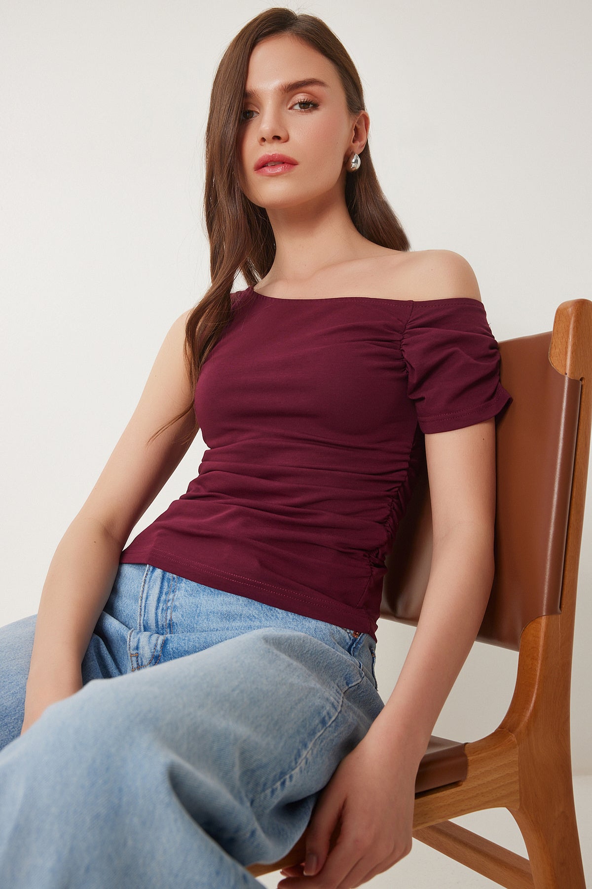 Bordo Büzgü Detaylı Örme Bluz ZV00275