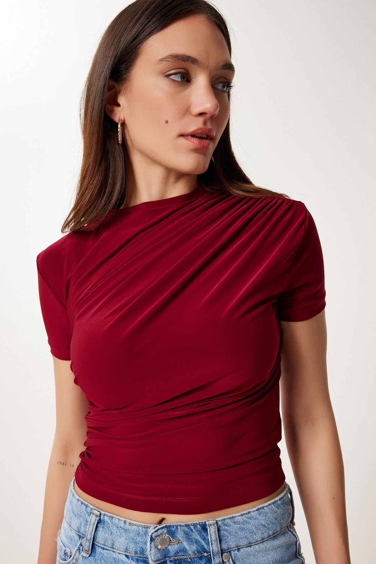 Bordo Büzgülü Sandy Örme Bluz FF00172