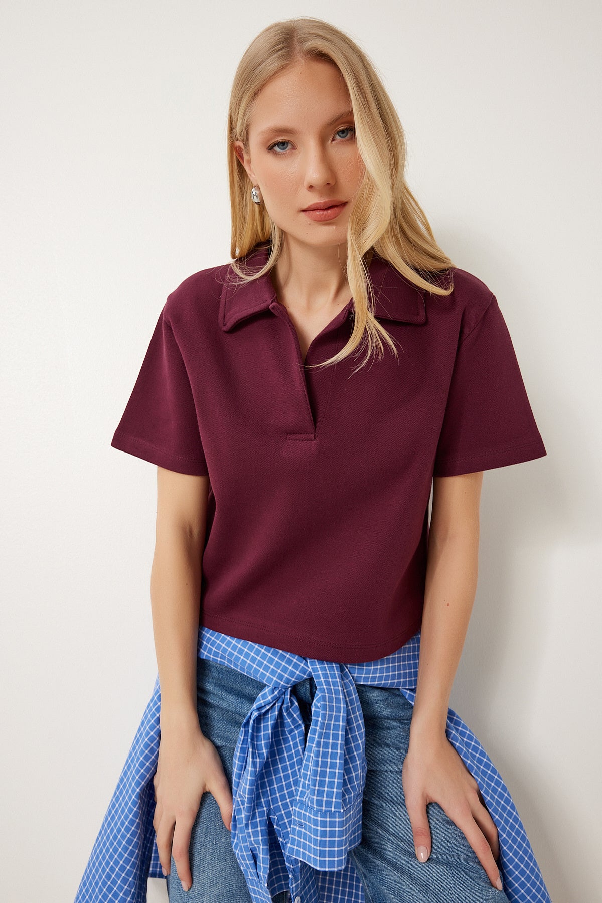 Bordo Polo Yaka Pike Örme T-Shirt DP00254