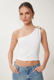 Kemik Tek Omuz Tokalı Fitilli Crop Bluz KH00096