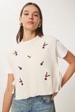 Krem Çiçek Nakışlı Bağlamalı Crop Triko Süveter KG00013