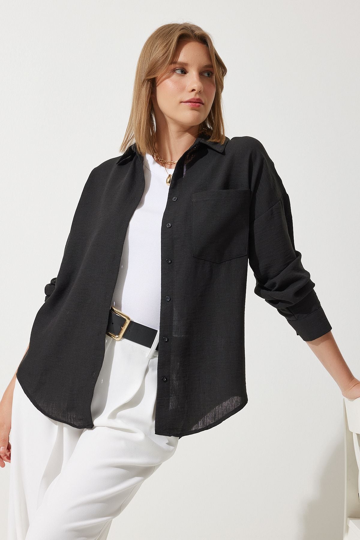Siyah Oversize Keten Ayrobin Gömlek DD01222
