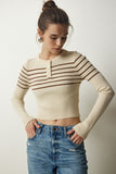 Krem Kahverengi Düğmeli Yaka Fitilli Crop Triko Bluz NF00077