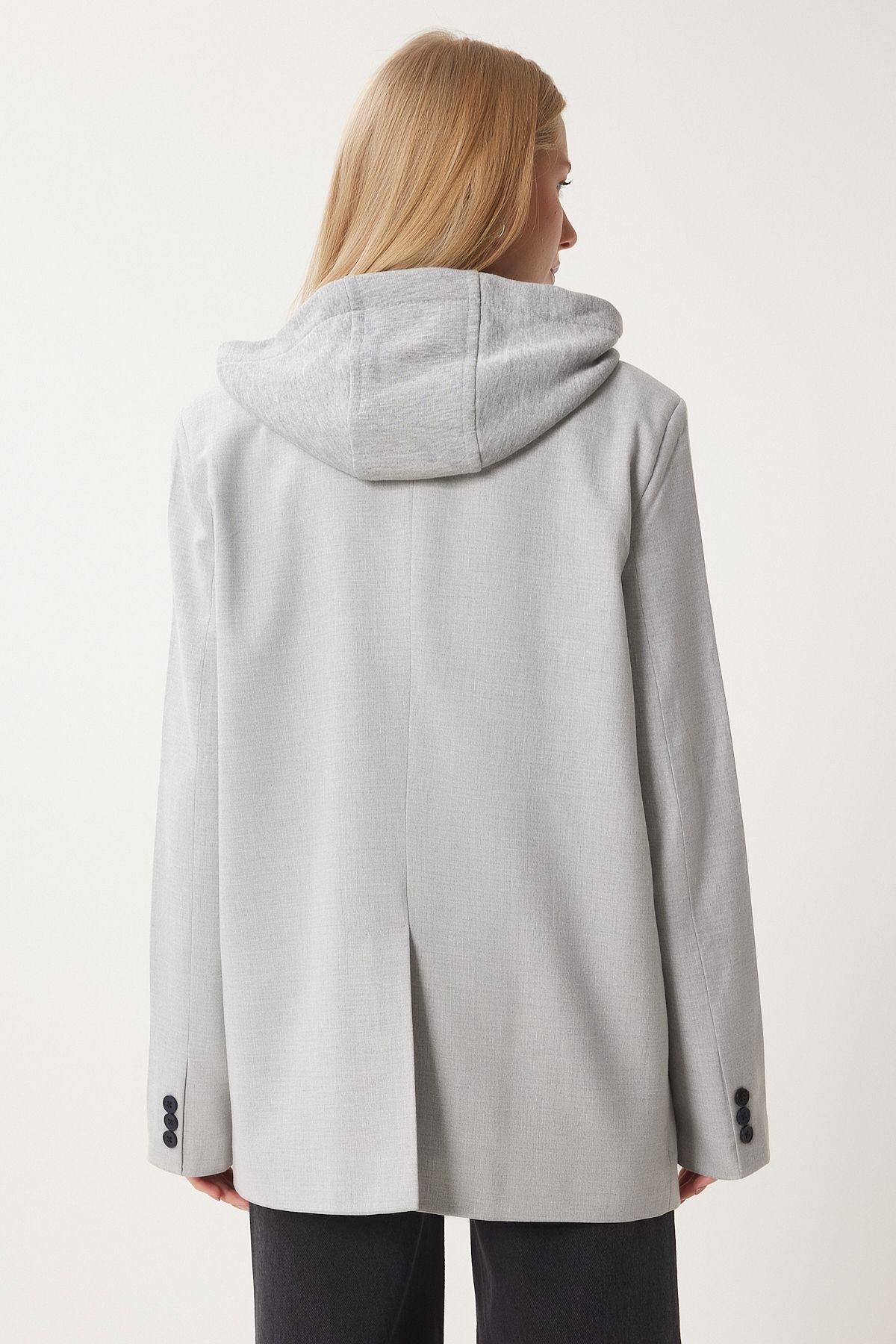 Açık Gri Kapüşon Detaylı Dokuma Blazer Ceket FN03440