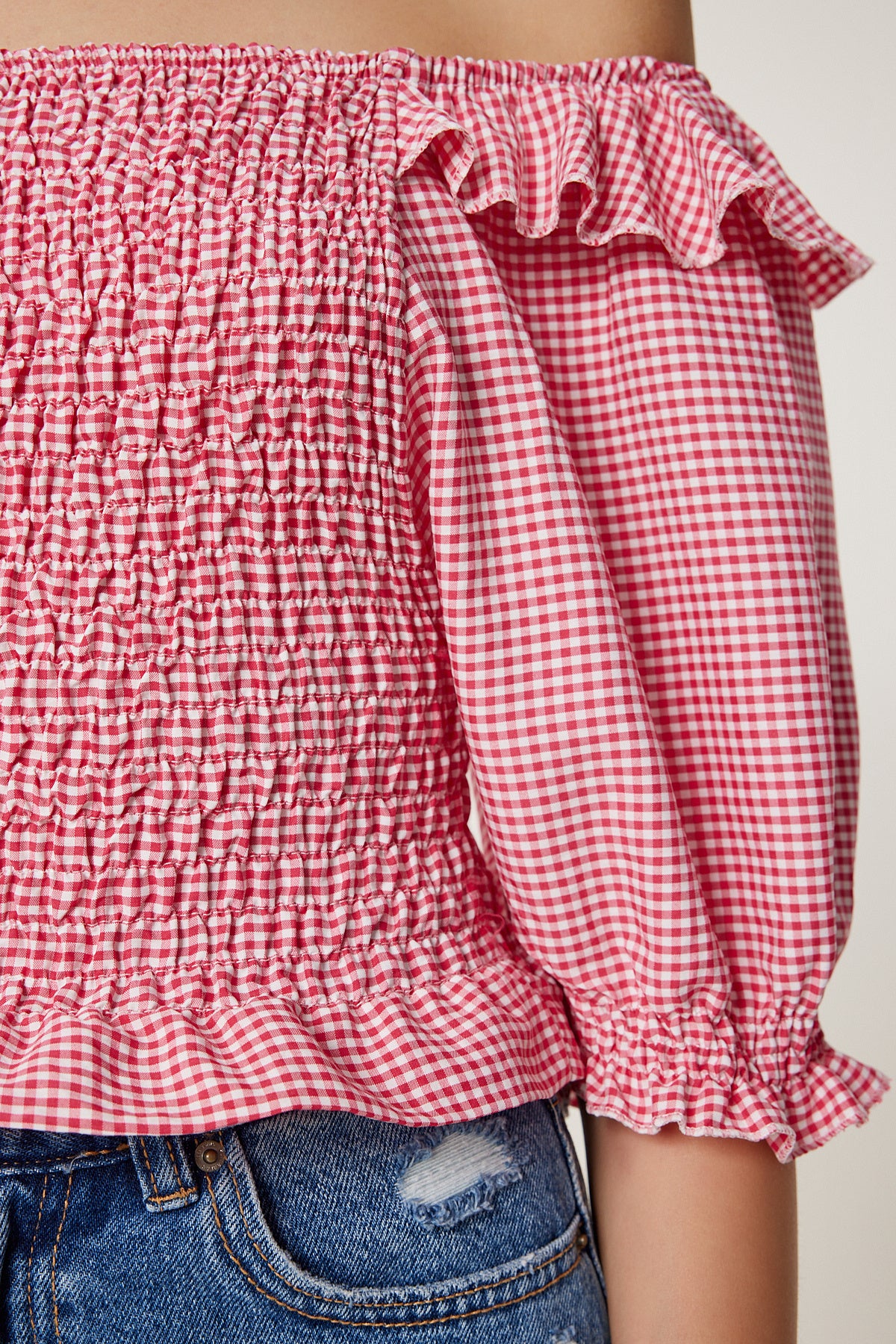 Pembe Kareli Esnek Crop Dokuma Bluz TP00070