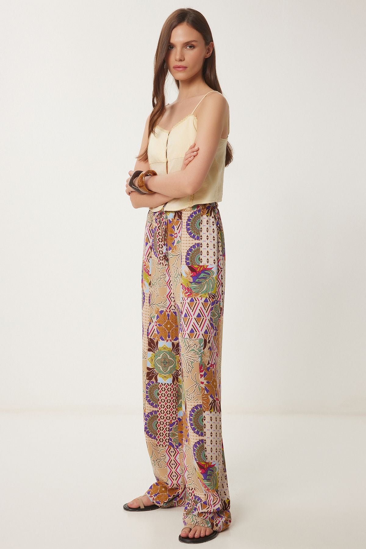 Krem Pembe Desenli Yazlık Geniş Paça Pantolon CR00489