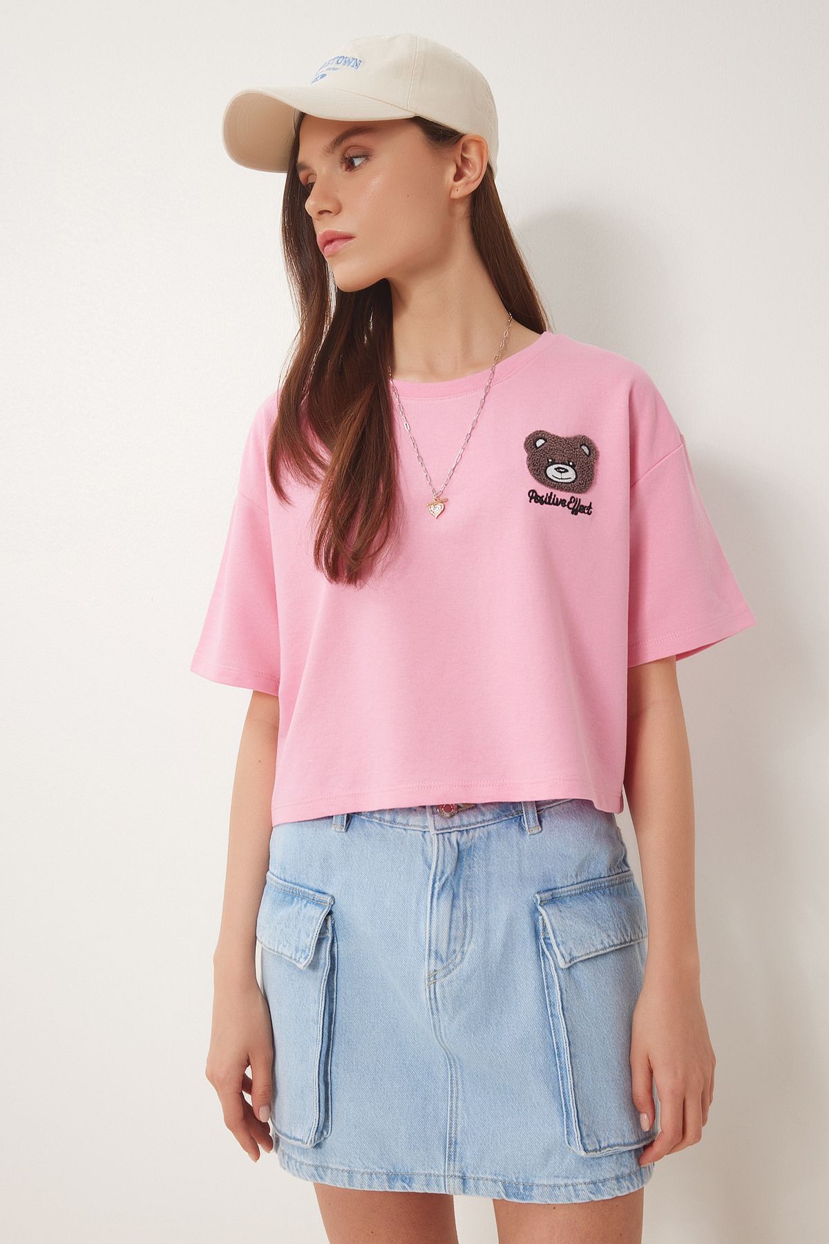 Pembe Ayıcık Armalı Crop Örme T-Shirt ZV00298