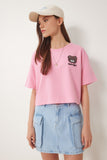 Pembe Ayıcık Armalı Crop Örme T-Shirt ZV00298