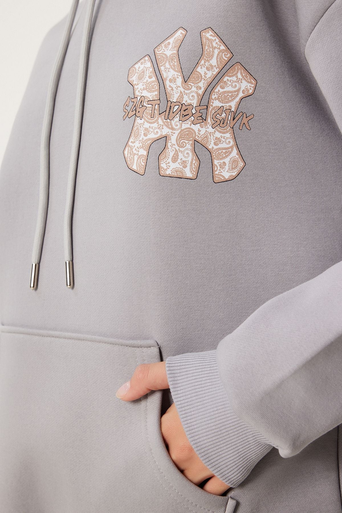 Gri Baskılı Kapüşonlu Oversize Örme Sweatshirt VN00009