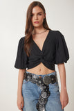 Siyah Balon Kollu Crop Dokuma Bluz RG00052