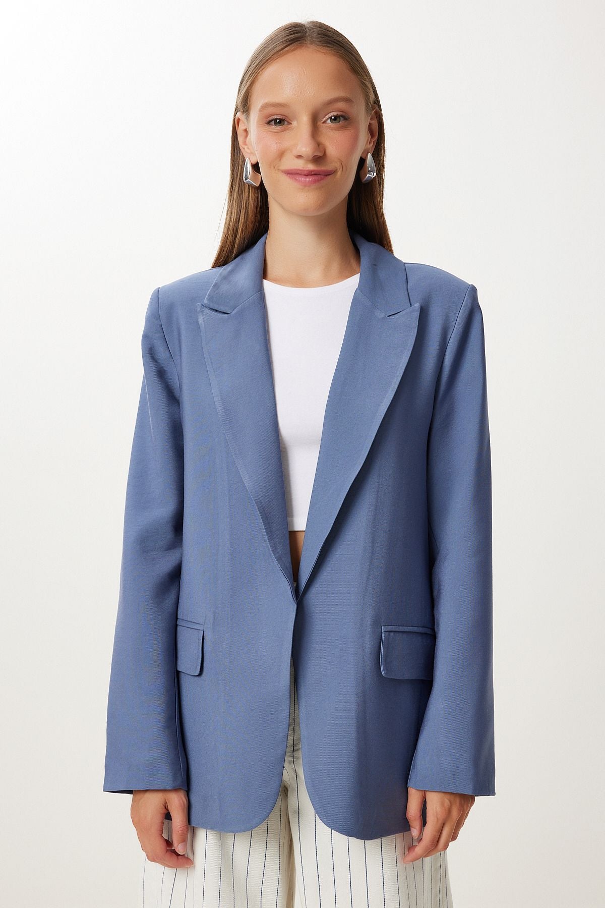 İndigo Mavi Vatkalı Şal Yaka Blazer Ceket KT00022
