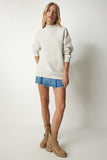 Bej Dik Yaka Basic Şardonlu Sweatshirt UB00166