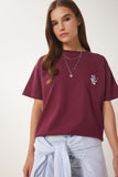 Bordo Ayıcık İşlemeli Pamuklu Örme T-Shirt CR00485