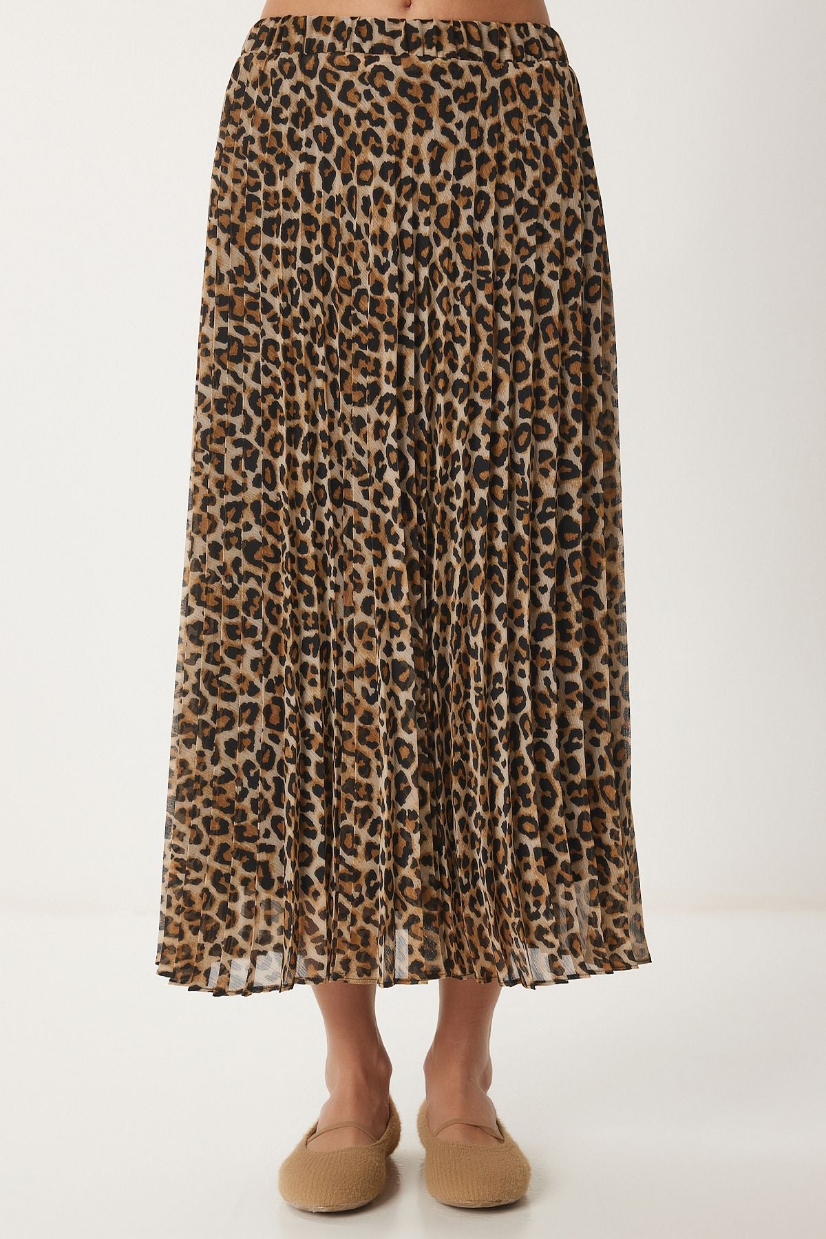 Siyah Bej Leopar Desenli Pileli Dokuma Etek WF00090