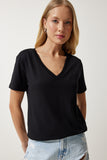 Siyah V Yaka Modal Örme T-Shirt HW00009