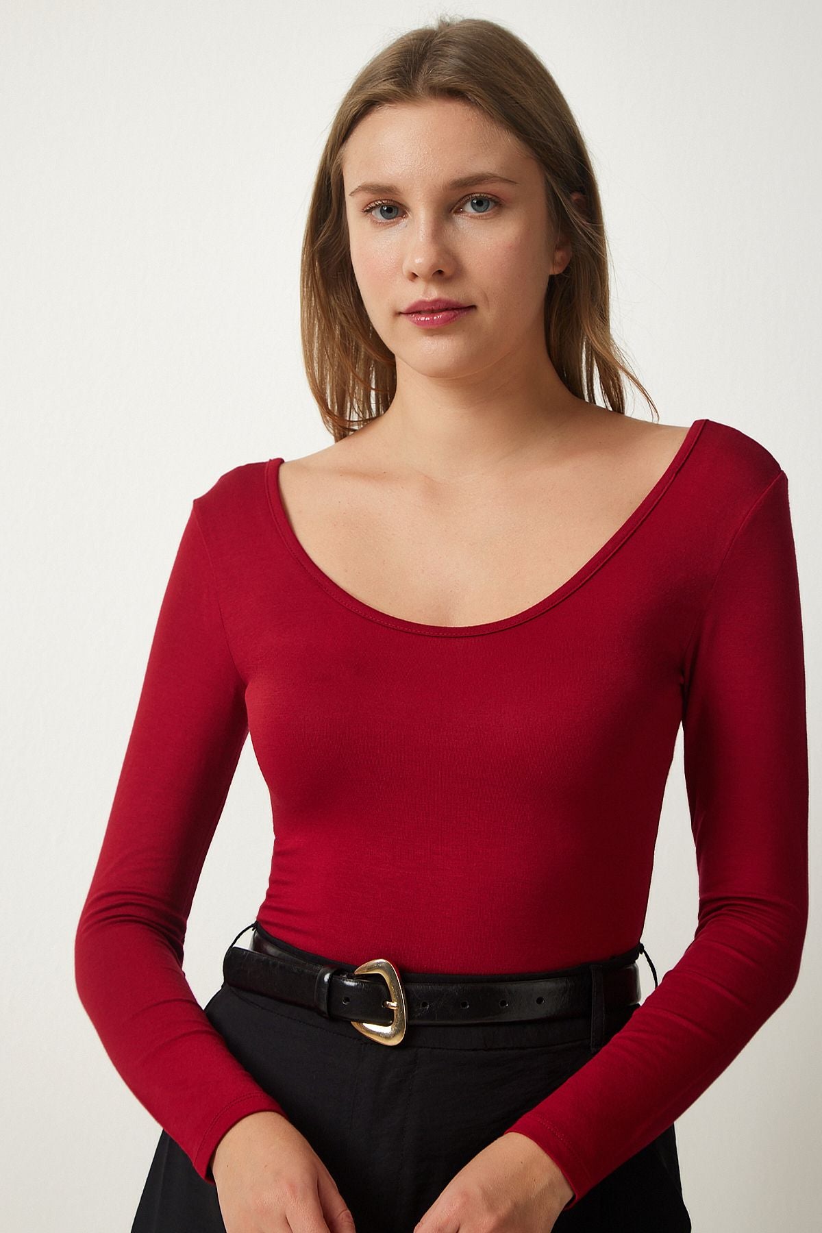 Bordo Geniş U Yaka Viskon Örme Bluz RX00043