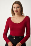 Bordo Geniş U Yaka Viskon Örme Bluz RX00043