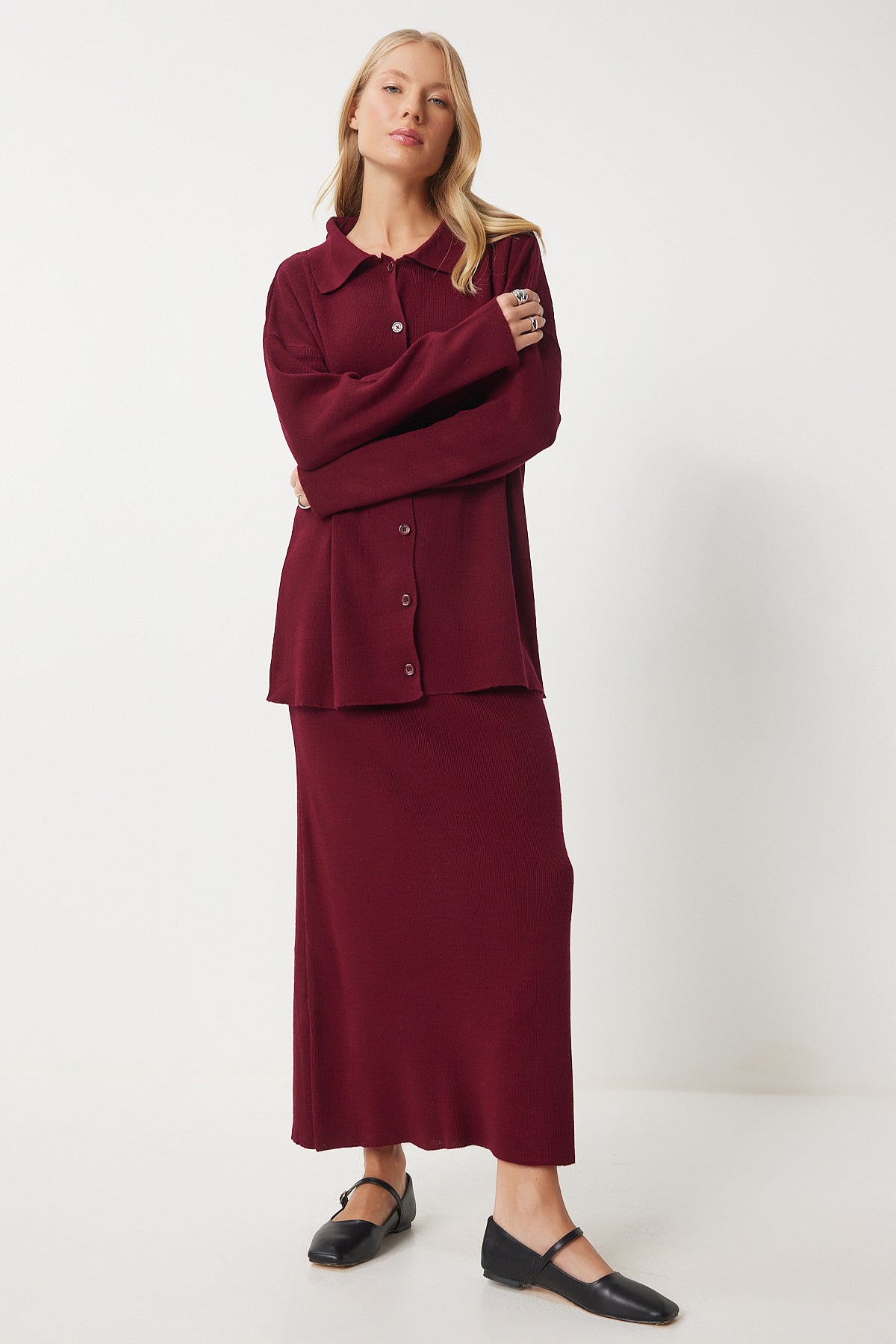 Bordo Polo Yaka Triko Hırka Etek Takım PF00090