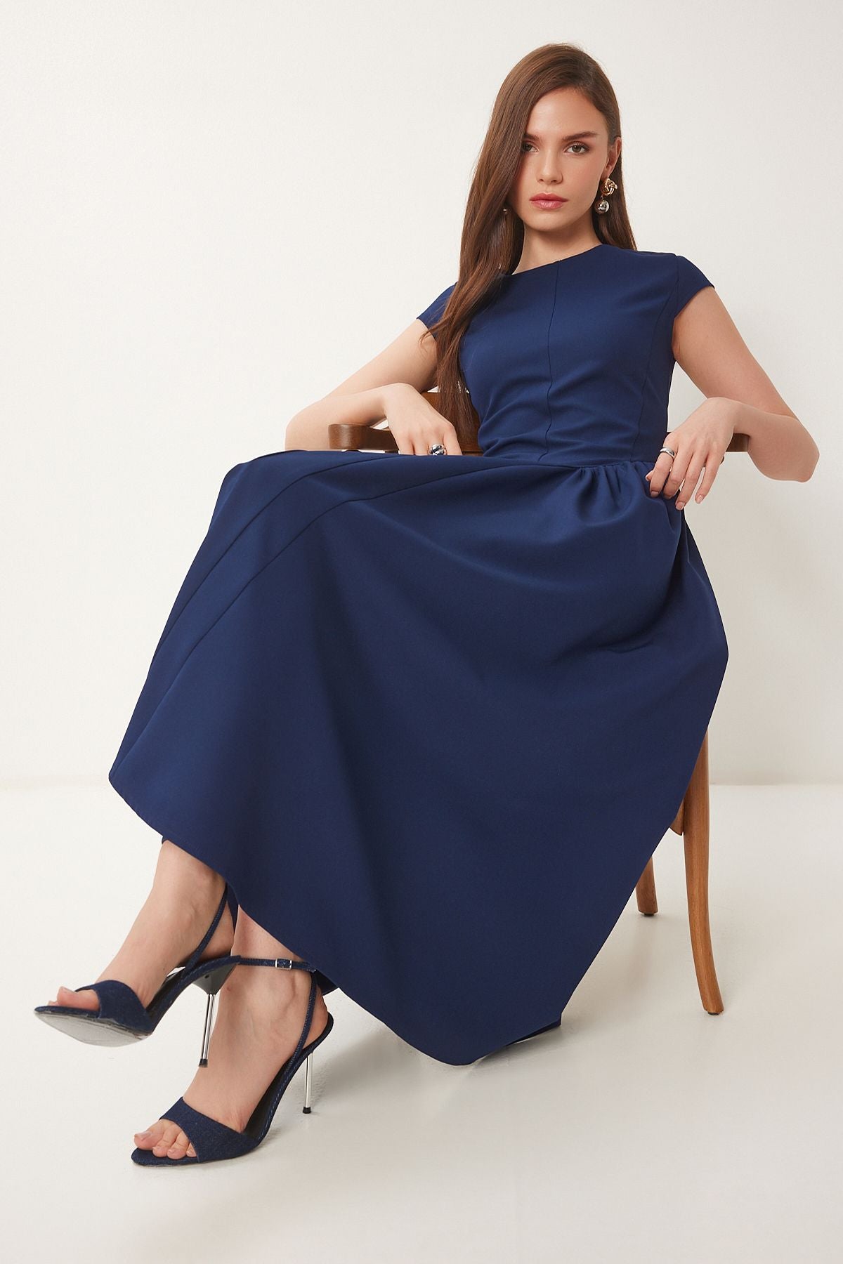 Lacivert Midi Poplin Elbise UB00359