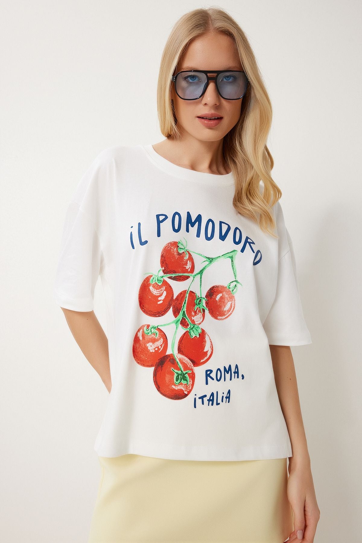Ekru Baskılı Pamuklu Oversize Örme T-Shirt YY00237