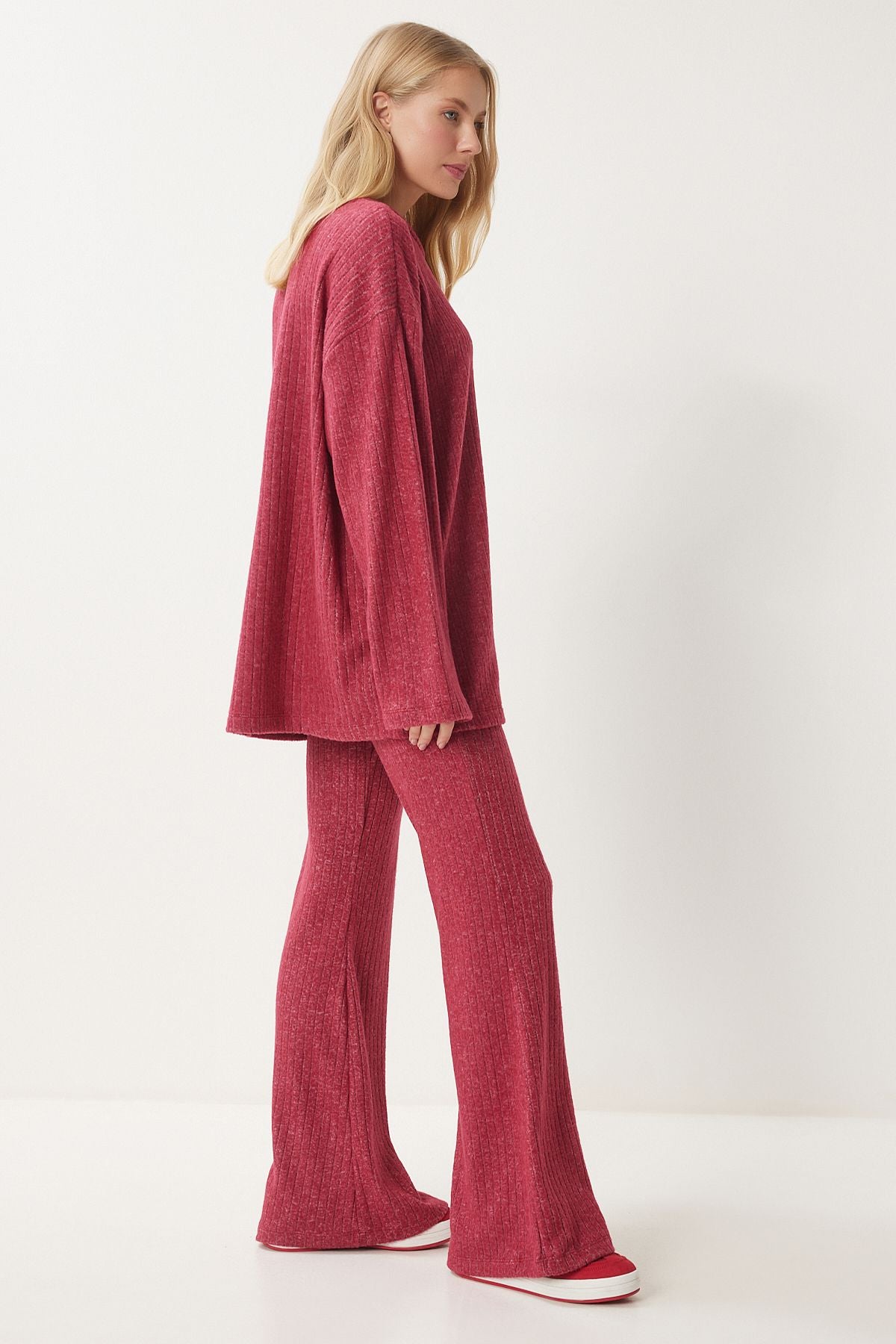 Kırmızı Rahat Fitilli Örme Bluz Pantolon Takım RG00047