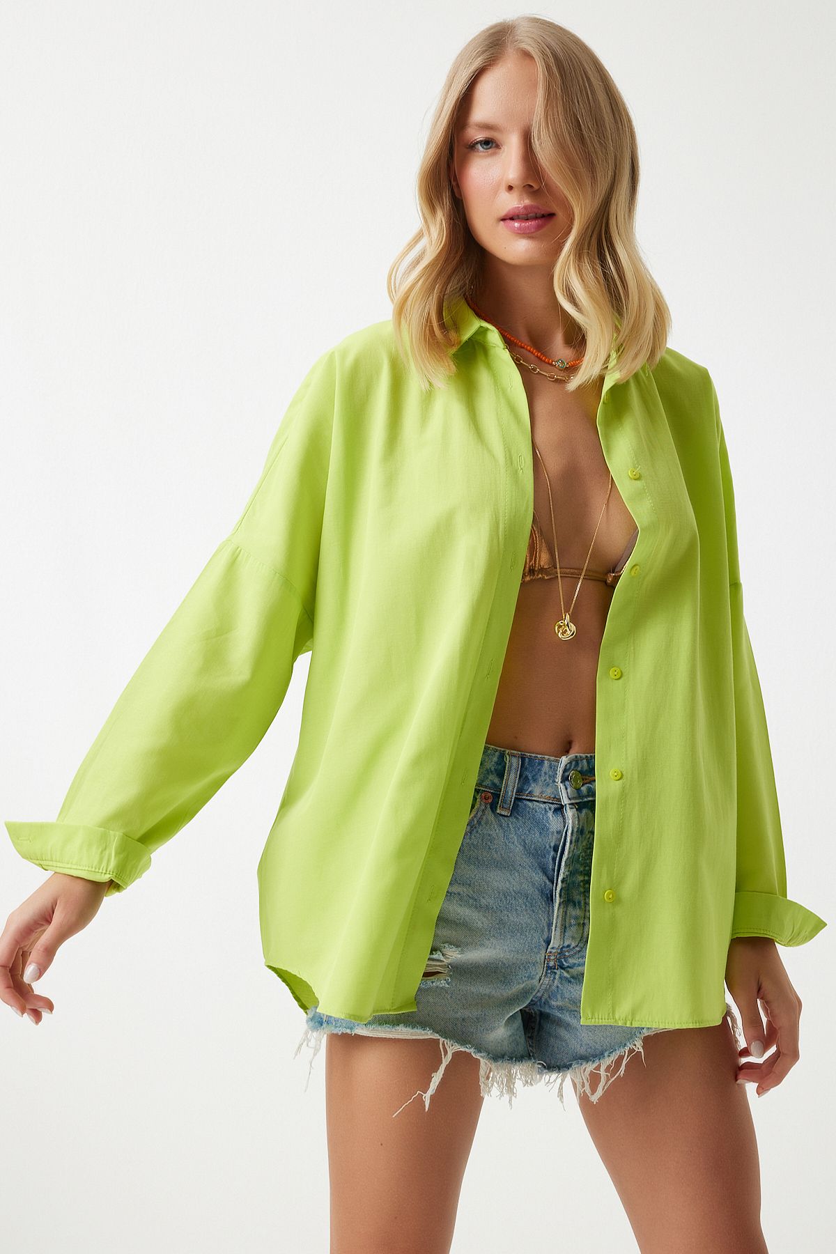Fıstık Yeşili Oversize Uzun Basic Gömlek MX00167