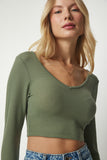 Haki Lila V Yaka 2'Li Paket Crop Bluz ub00177