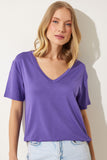 Mor V Yaka Basic Viskon Örme T-Shirt EN00613