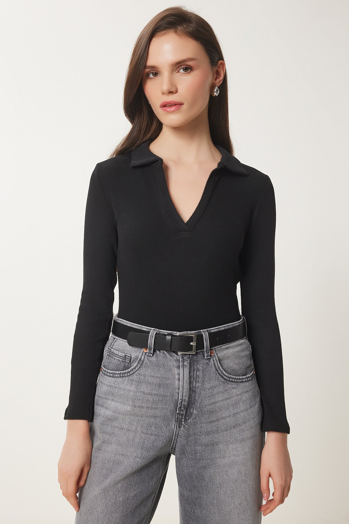 Siyah Polo Yaka Fitilli Örme Bluz GT00111