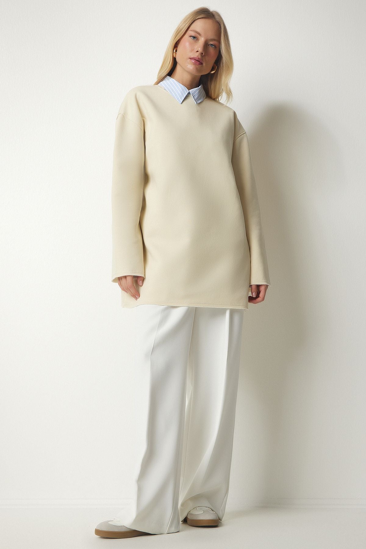 Latte Şardonlu Oversize Örme Sweatshirt NJ00131