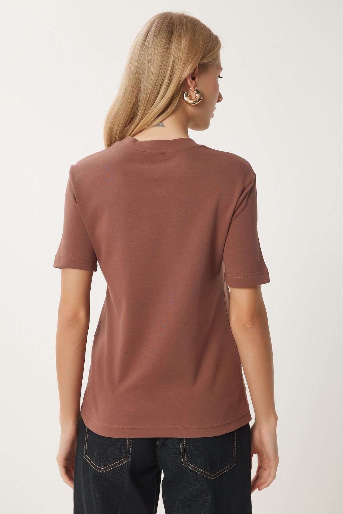 Kahverengi Pamuklu Basic Örme T-Shirt AG00001