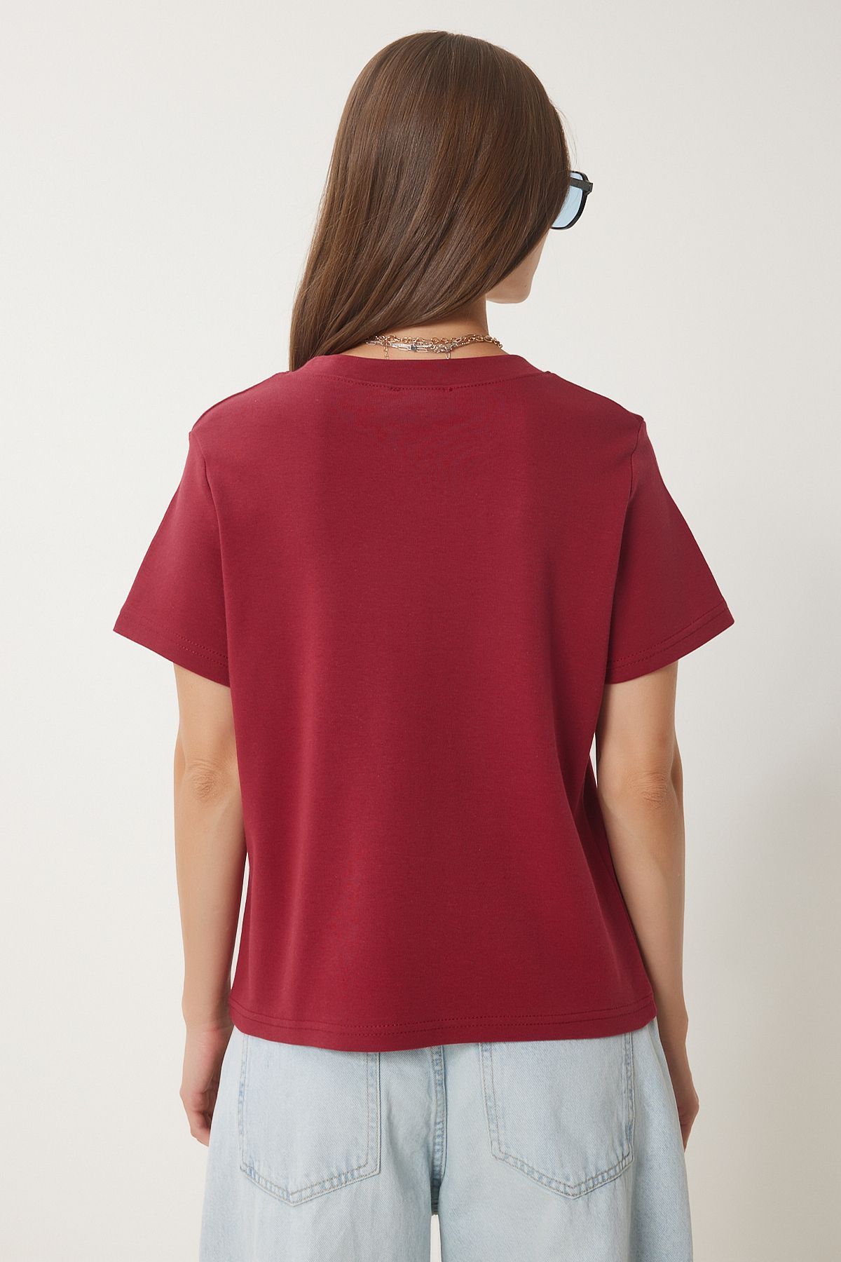 Bordo Kalp Nakışlı Örme T-Shirt DP00242
