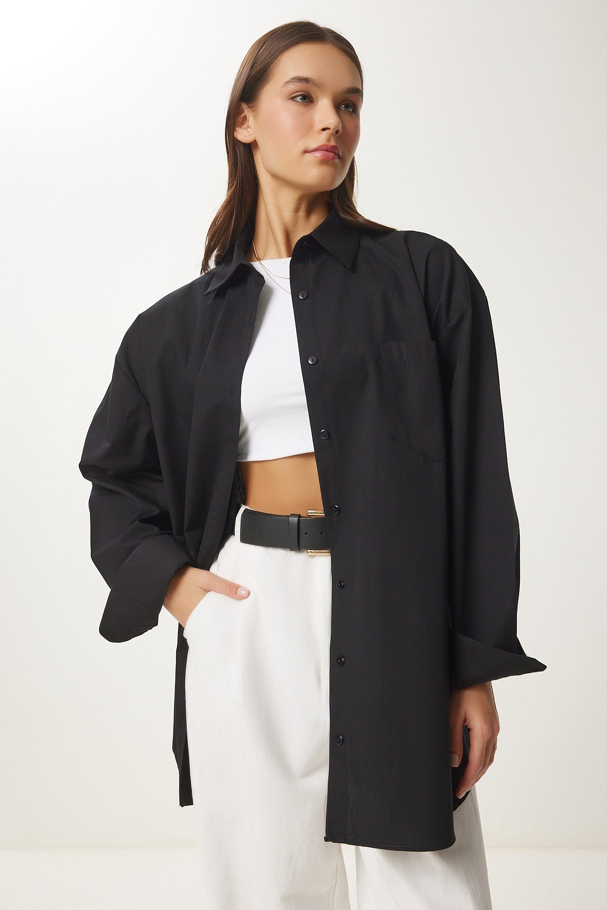 Siyah Oversize Uzun Dokuma Gömlek BP00167