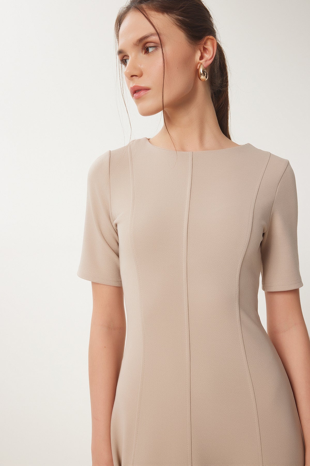 Bej Kloş Midi Yazlık Örme Elbise ZH00047