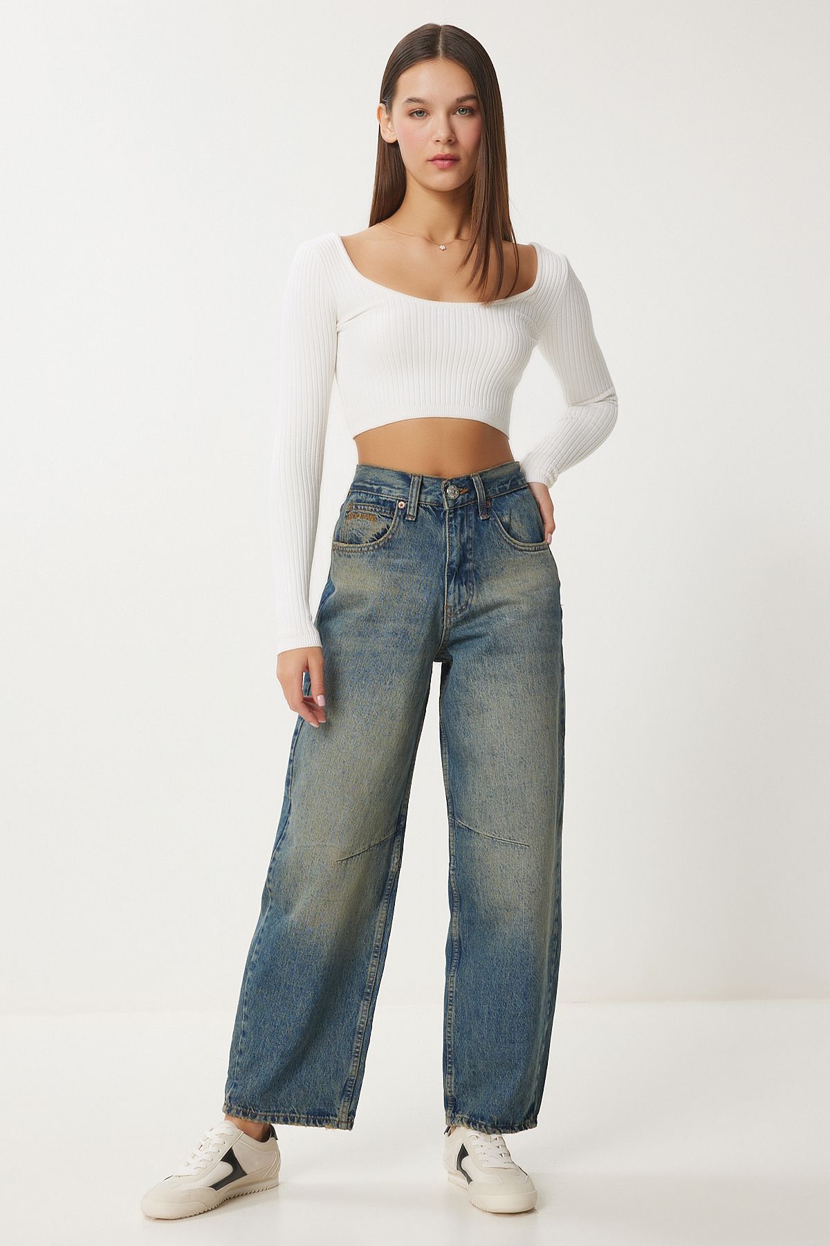 Mavi Yüksek Bel Soluk Efektli Baggy Jeans UT00027