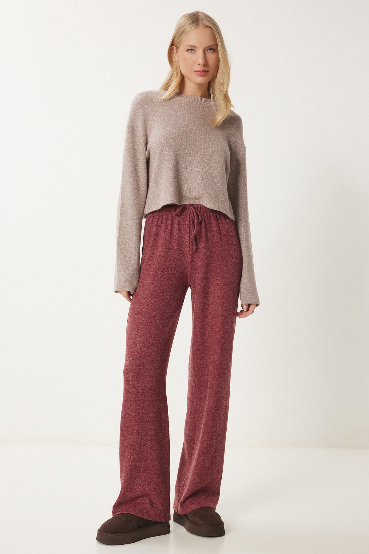 Bordo Yumoş Bol Örme Pantolon UB00295
